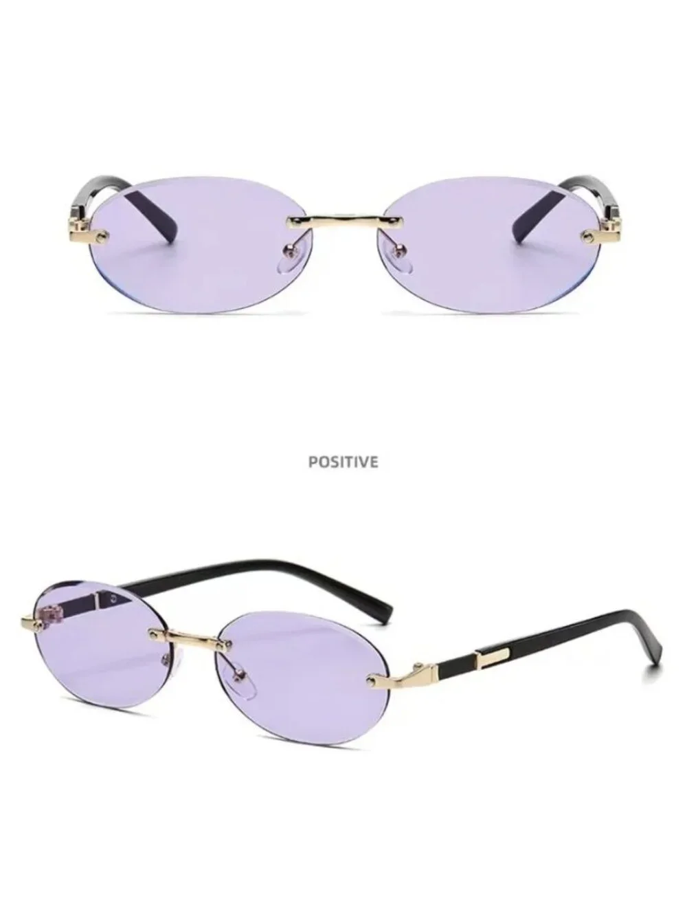 Oval Rimless Purple Lens Sunglasses With Gold & Black Metal Frame